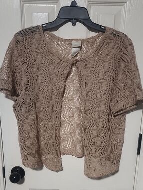 Studio C Taupe Crochet Short-Sleeve Cardigan